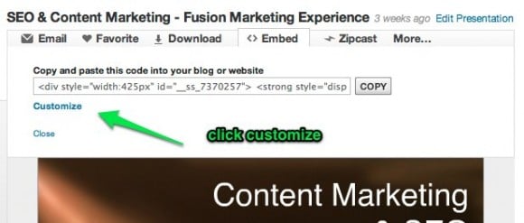 SlideShare for WordPress embed 2: Press the customize button