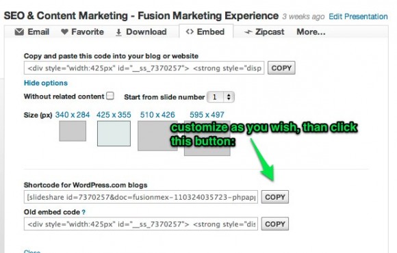 SlideShare for WordPress embed 3: Press the copy button