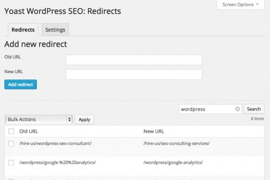 Wordpress SEO Premium: redirects manager