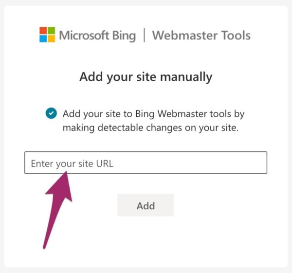 Screenshot of the option to add a site in Bing Webmaster Tools