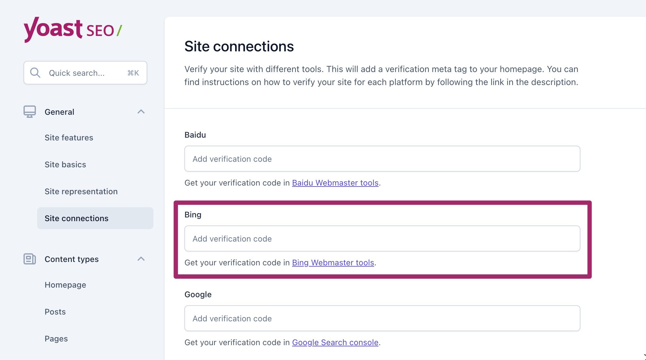 Screenshot of the Site connections settings in Yoast SEO, highlighting the Bing input field.
