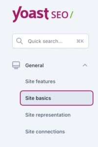 Screenshot showing the site basics menu item of the General settings in Yoast SEO
