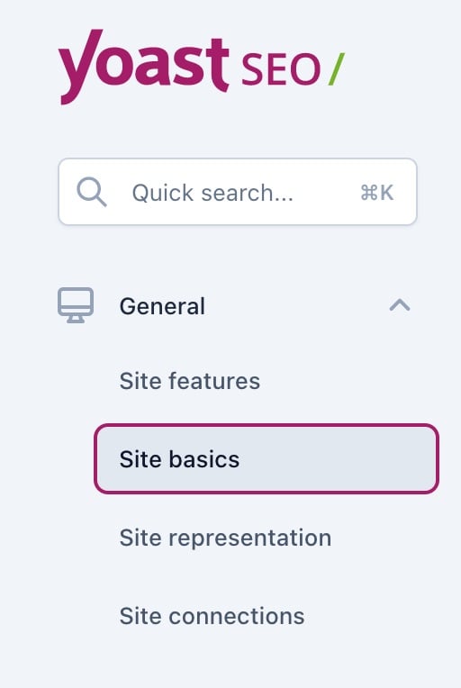 Screenshot showing the site basics menu item of the General settings in Yoast SEO