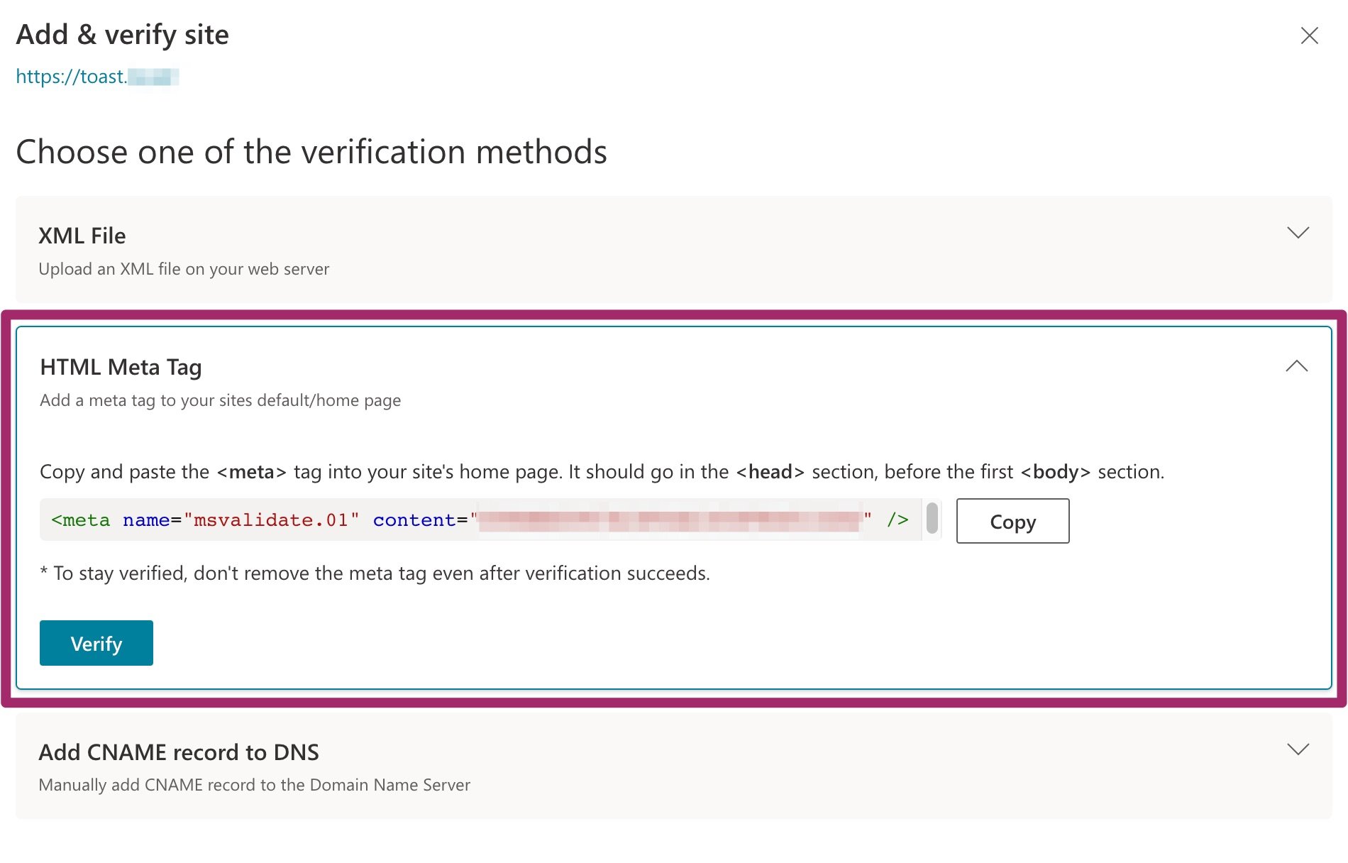 Screenshot of verifying your site with Bing Webmaster Tools
