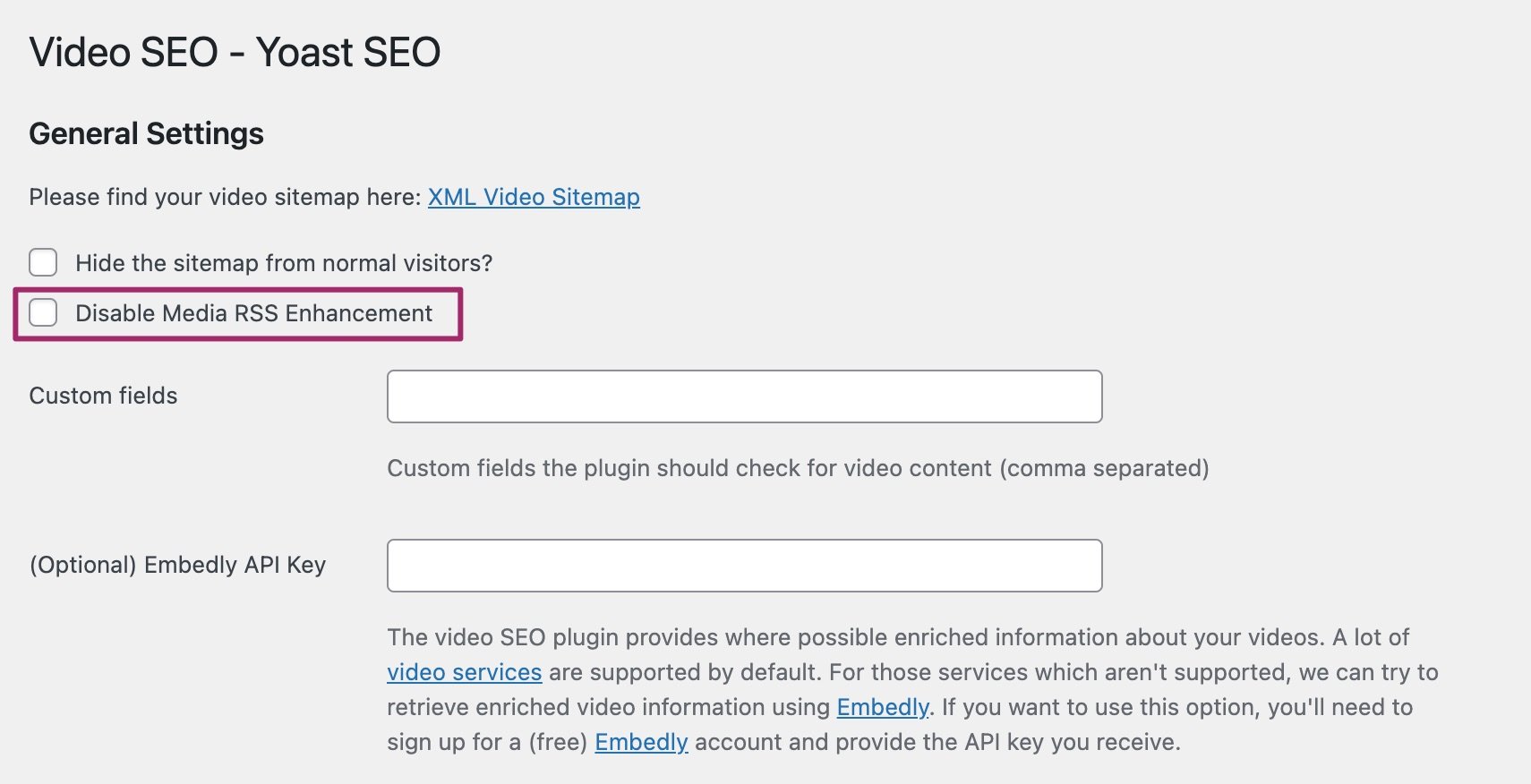Screenshot of the "Disable Media RSS Enhancement" checkbox in Yoast Video SEO.