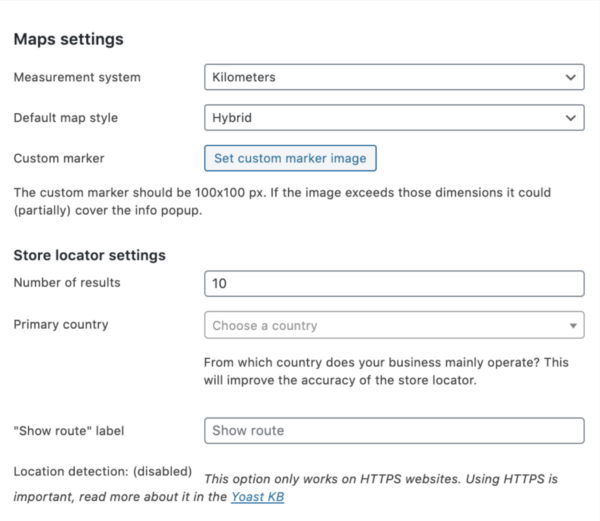 Screenshot showing the maps settings in Local SEO for WordPress