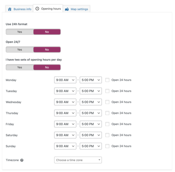 Screenshot showing the opening hours tab for multiple locations in Local SEO for WordPress