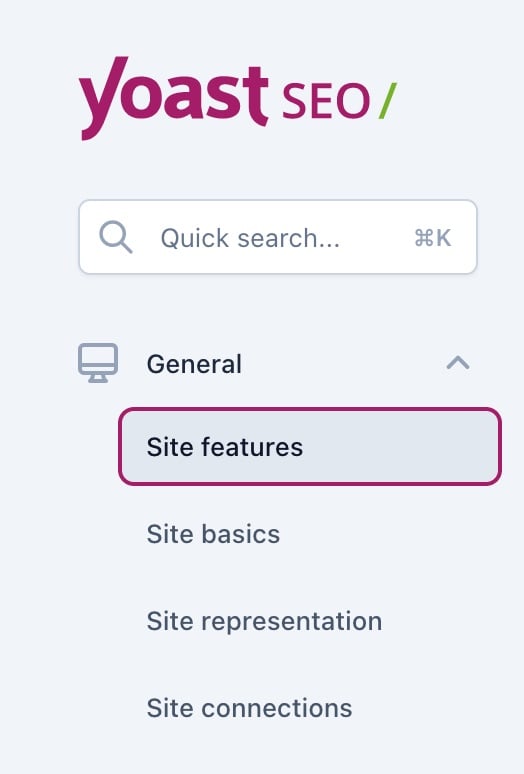 Screenshot showing the site features menu item in the general settings of Yoast SEO