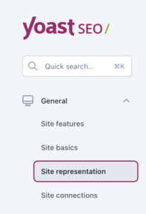 Screenshot showing the site representation menu item