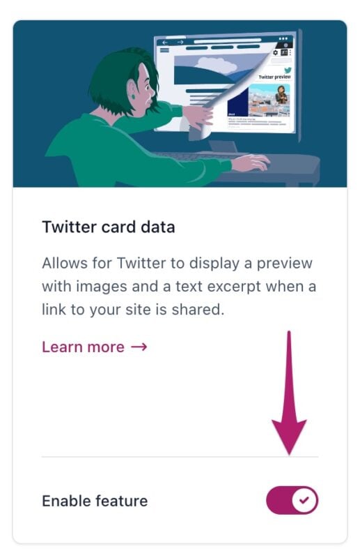 Screenshot showing the twitter card data feature in Yoast SEO highlighting the toggle to enable or disable the feature