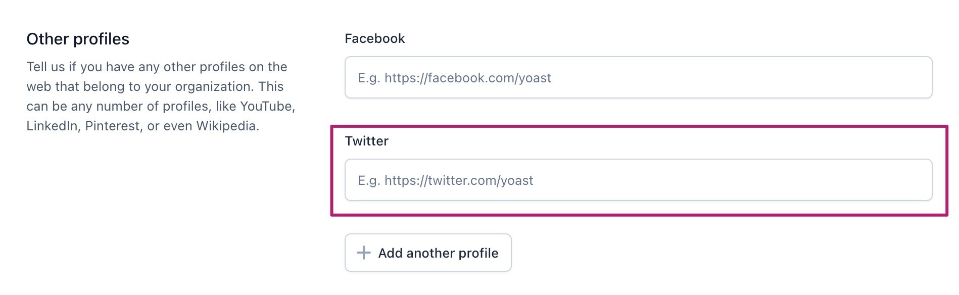 Screenshot showing the Twitter profile field in the Site representation settings of Yoast SEO