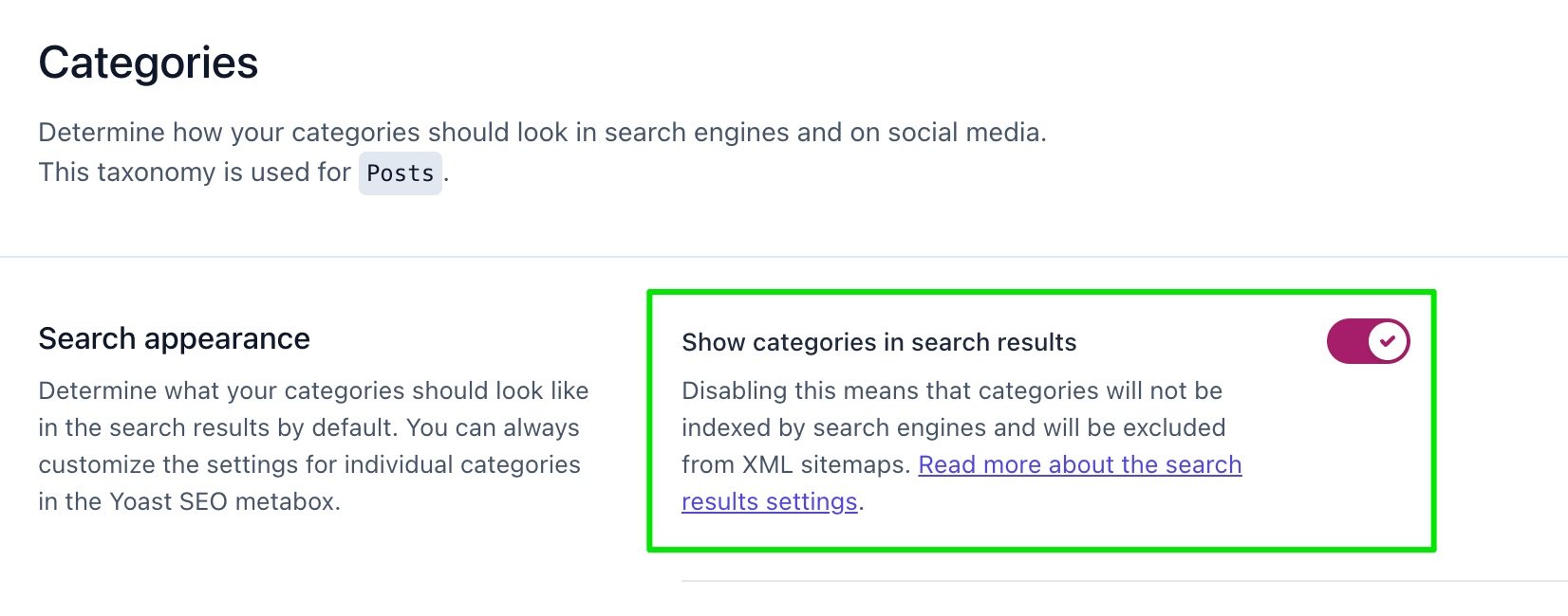 Screenshot of the "Show categories in search results" toggle in the Yoast SEO settings.