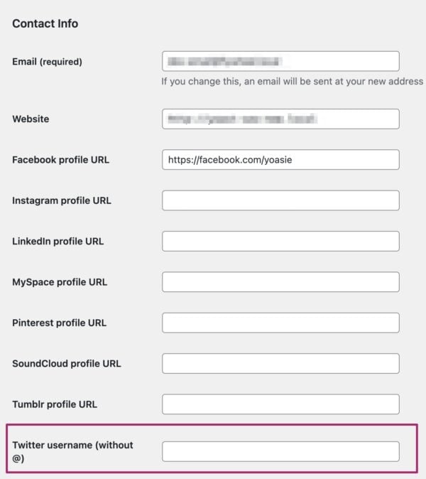 Screenshot highlighting the Twitter username input field on the WordPress user profile page