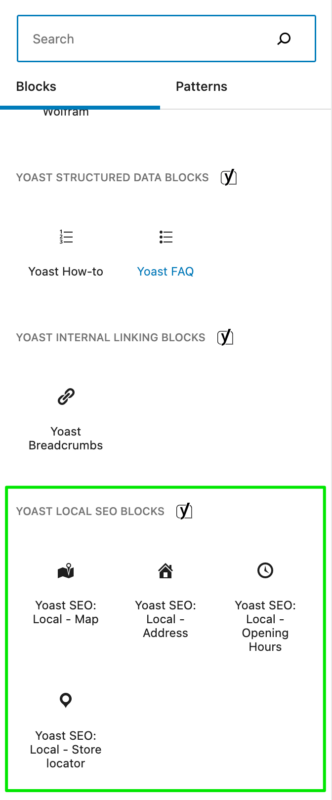 Screenshot showing the Yoast Local SEO blocks in the block library