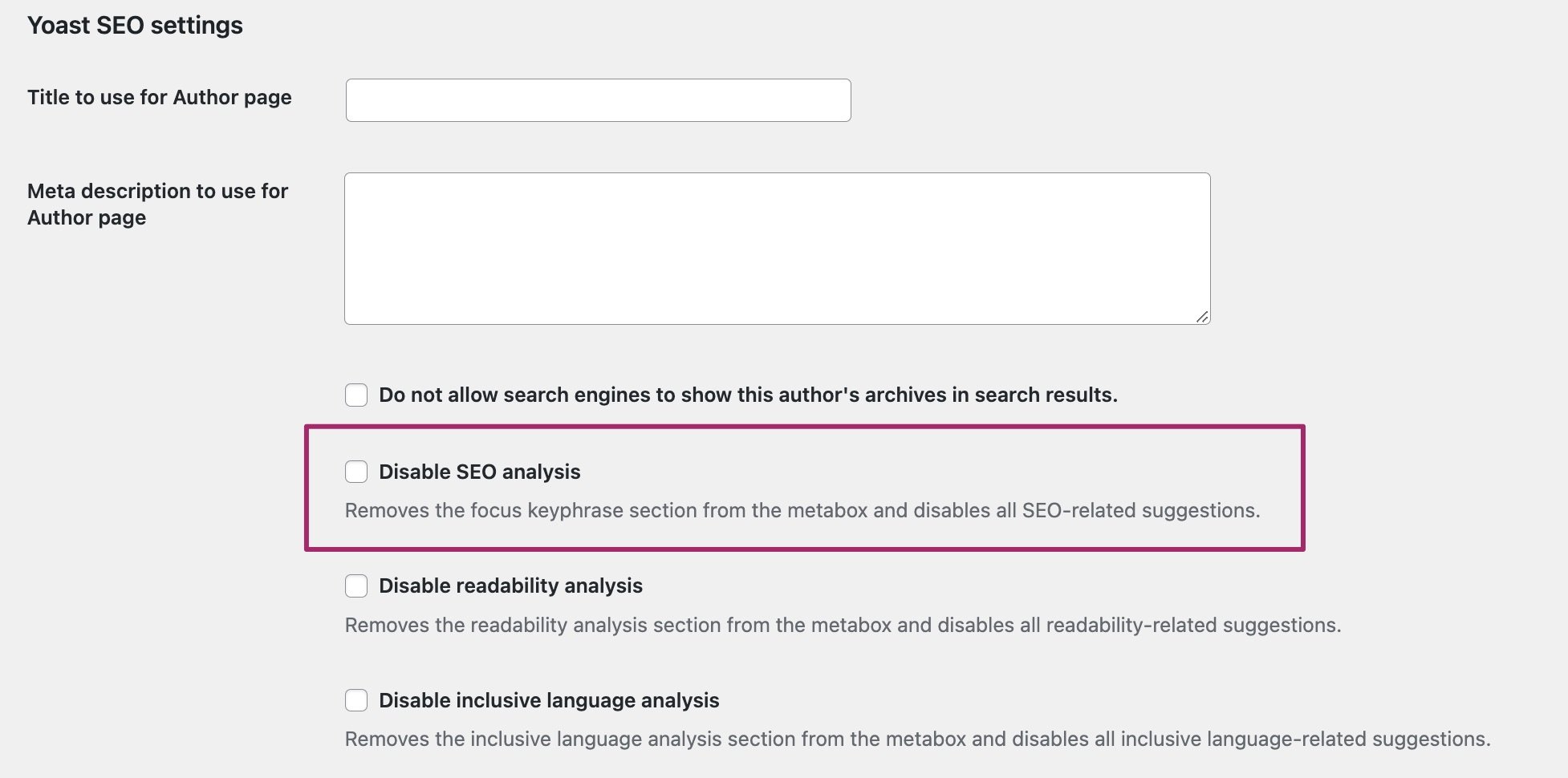 Screenshot showing the checkbox to disable the SEO analysis for individual users