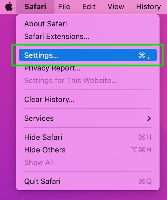 Screenshot of the Safari menu, highlighting the Settings menu item