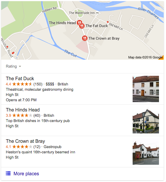 Restaurant website: Restaurant listing in Google, Fat Duck example