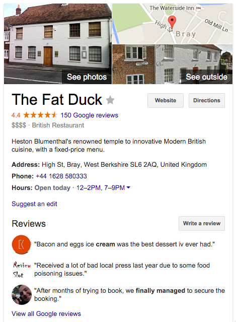 Restaurant website: Restaurant listing in knowledge graph example
