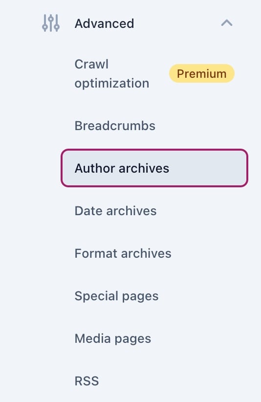 Screenshot showing the author archives menu item in the Yoast SEO settings