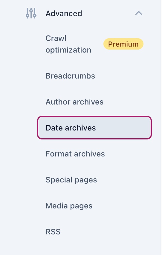 Screenshot showing the Date archives menu item in the settings of Yoast SEO