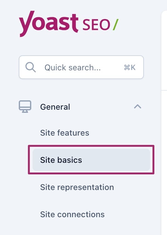 Screenshot of the "Site basics" menu item in the Yoast SEO settings.