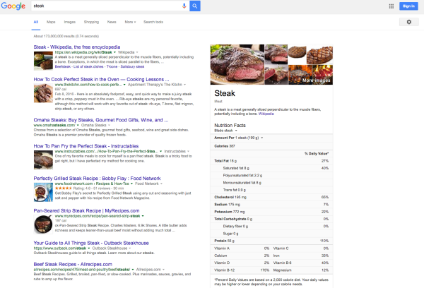 an example of nutritional information Google offers in the knowledge graph panel 