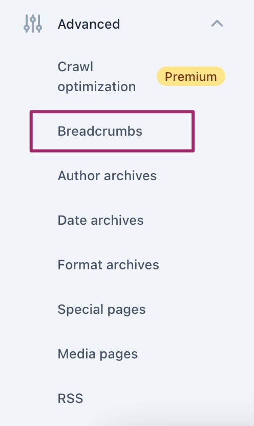 Screenshot of the "Breadcrumbs" menu item in the Yoast SEO settings.