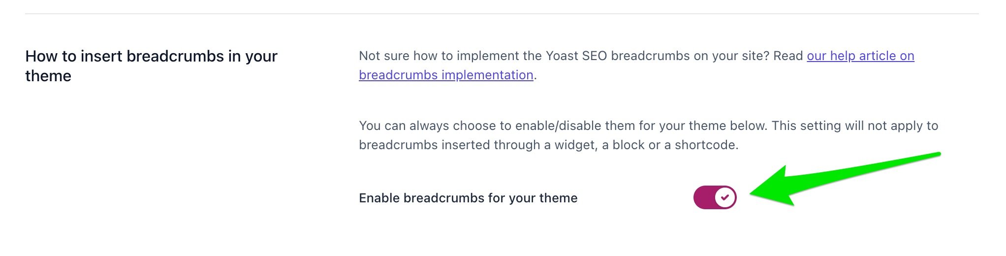 Screenshot of the toggle that allows you to enable/disable breadcrumbs in the Yoast SEO settings.