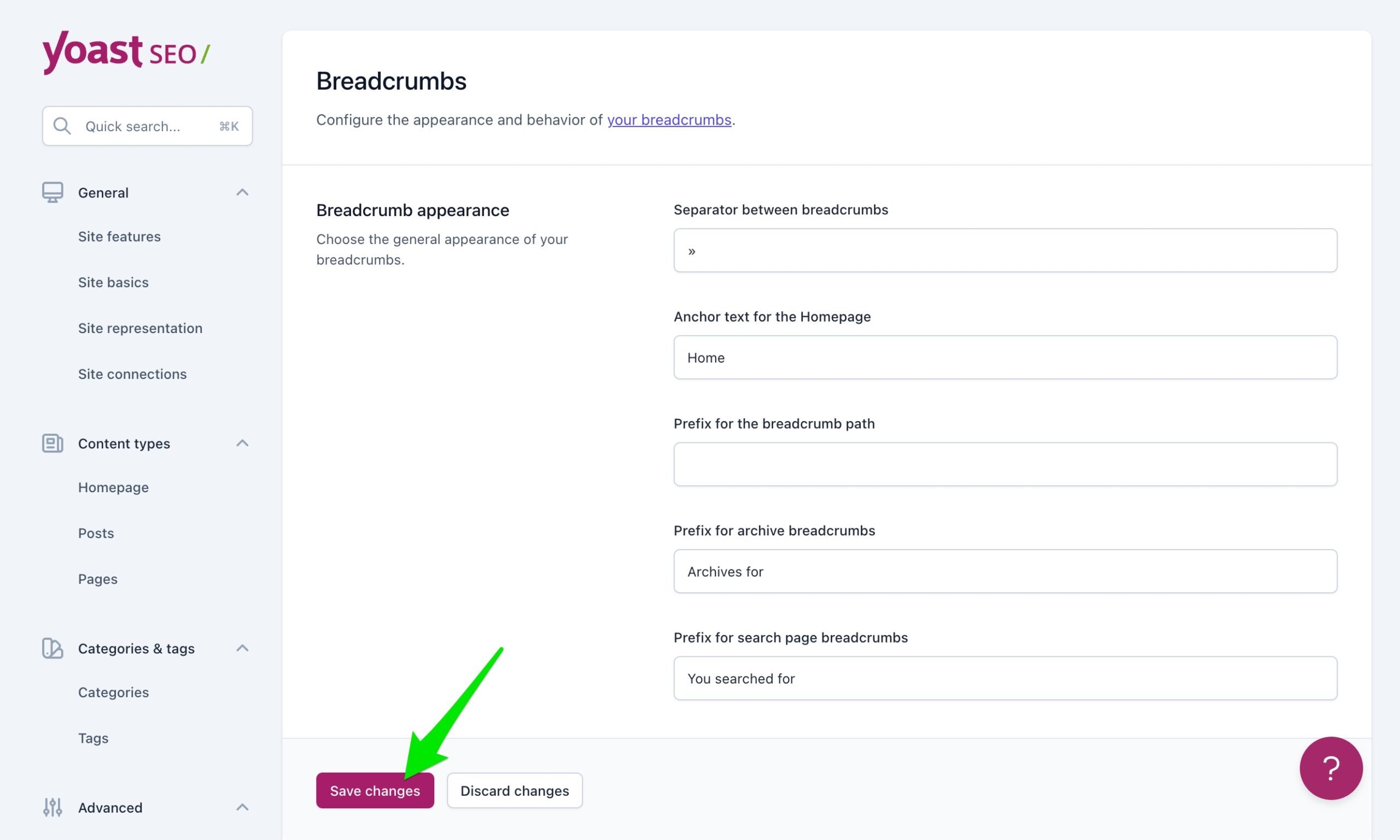 Screenshot of the "Save changes" button on the Breadcrumbs settings page in Yoast SEO.
