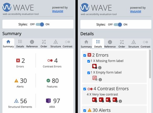 screenshot of Wave accessibility chrome extension