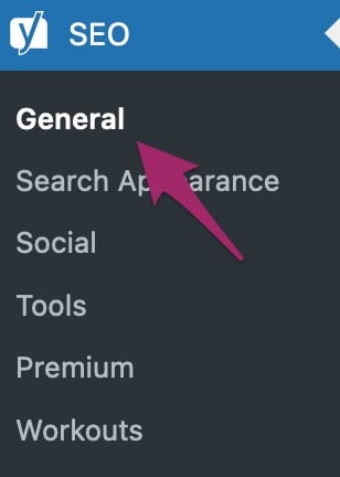Screenshot of the SEO menu in the WordPress admin menu with the General menu item that needs to be clicked on