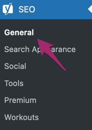 Screenshot of the SEO menu in the WordPress admin menu with the General menu item that needs to be clicked on