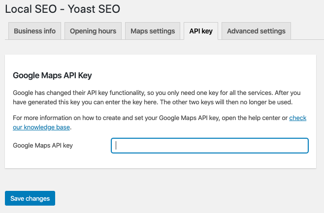 A screenshot of the API key tab settings showing the input field where users can insert their Google generated API key
