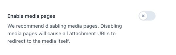 Screenshot showing the toggle that lets you disable or enable media pages in Yoast SEO