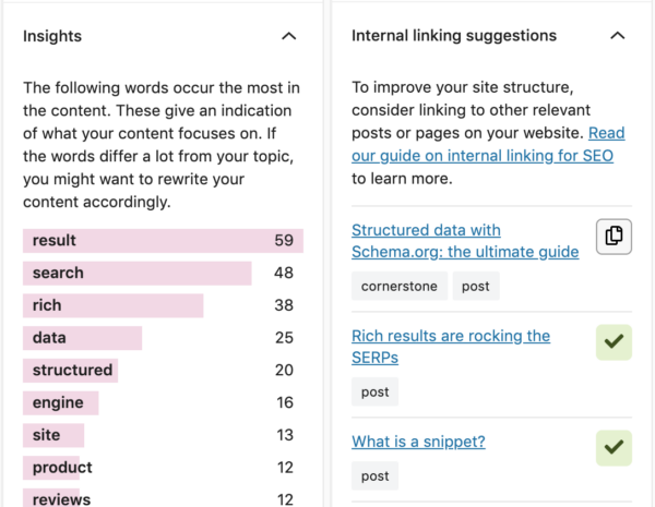 capture d'écran des insights et des suggestions de liens internes dans le plugin Yoast SEO