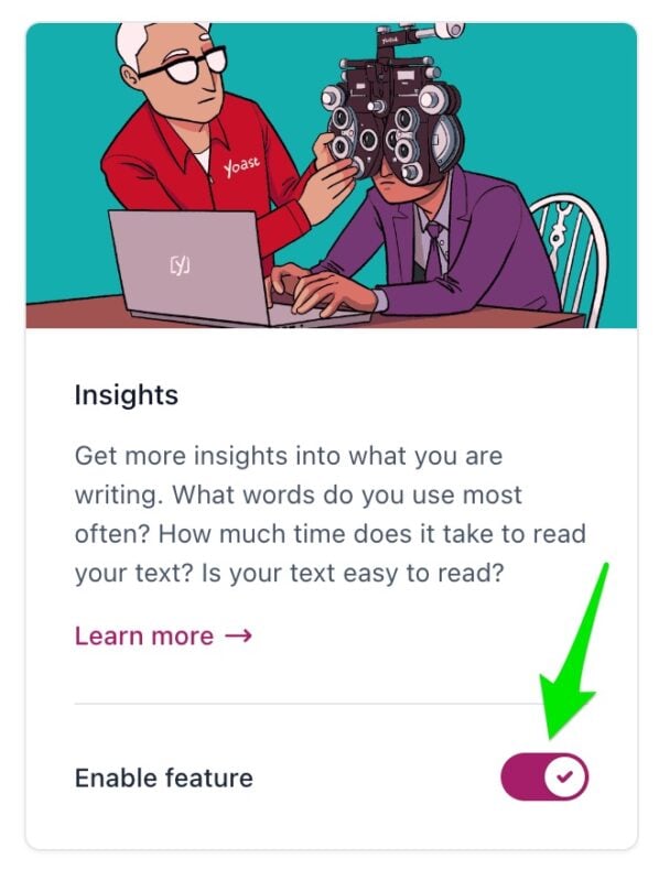 Screenshot of the Insights box in the Site features settings of Yoast SEO.