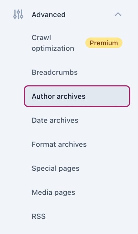 Screenshot of the Author archives menu item in the Yoast SEO settings.