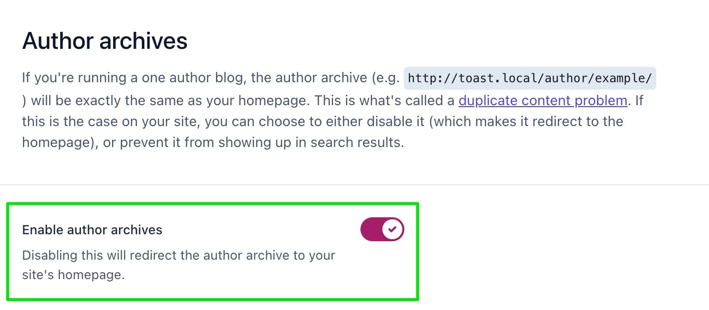Screenshot of the 'Enable author archives' toggle in the Yoast SEO Author archives settings.