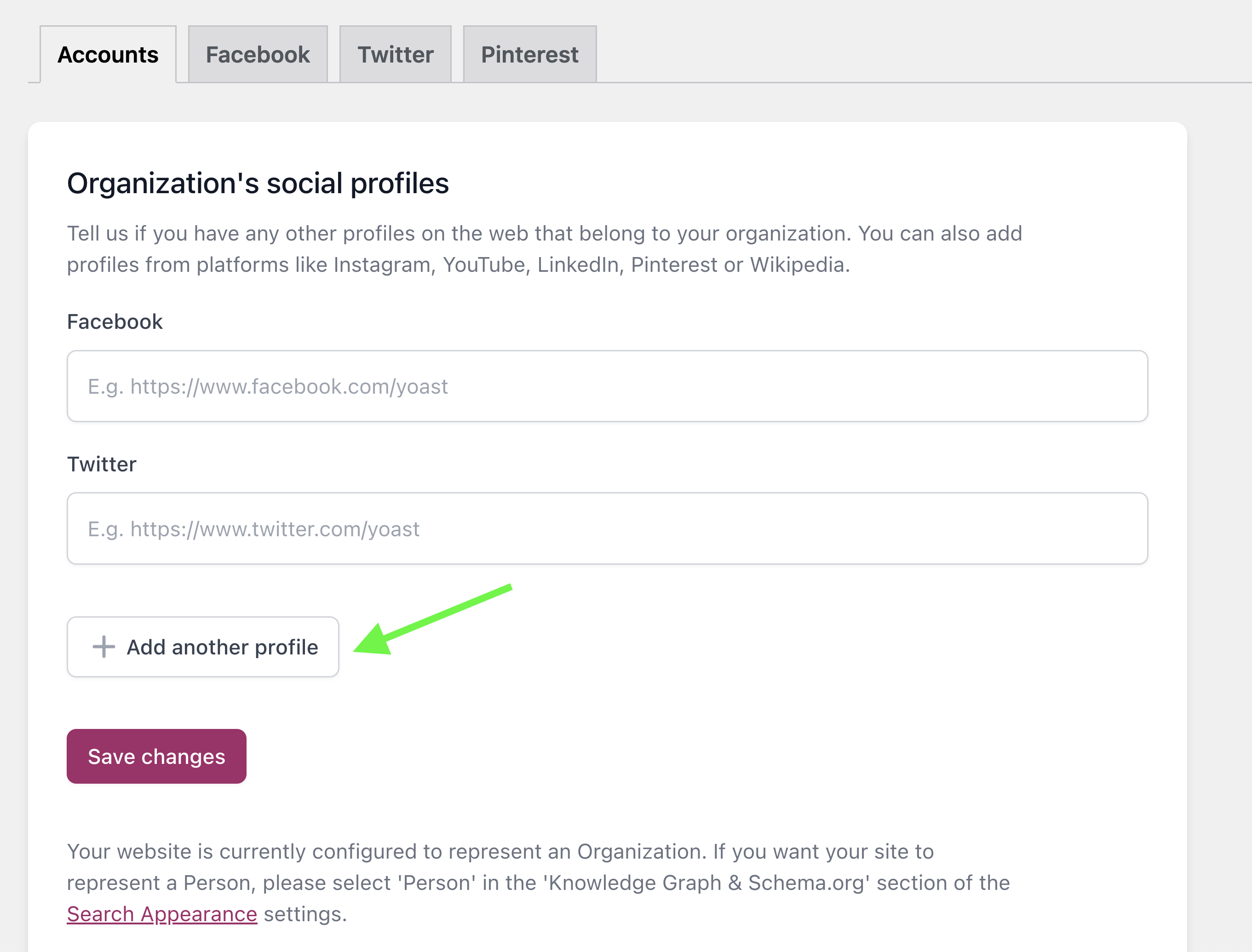 a screenshot of the accounts tab in Yoast SEO with the add more profiles button
