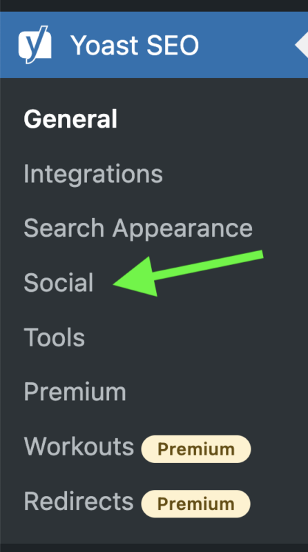 a screenshot of the expanded Yoast SEO menu item with an arrow pointing to the Social settings item