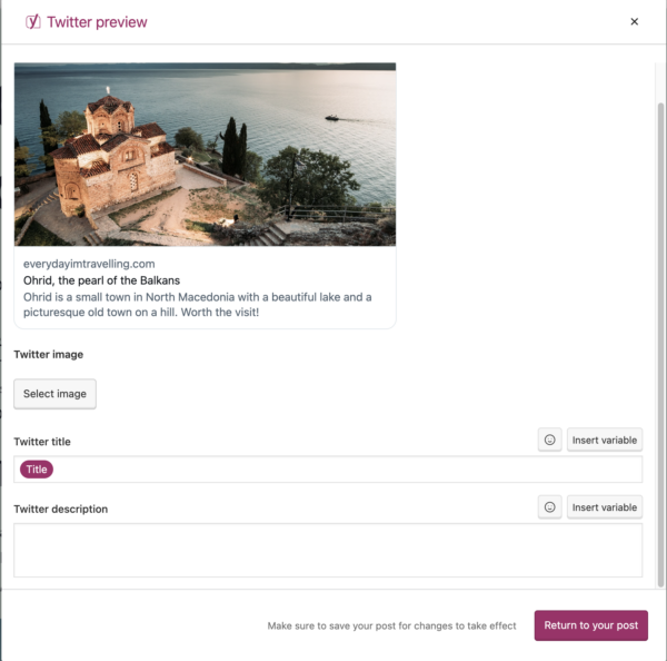 Screenshot Twitter preview in Yoast SEO Premium