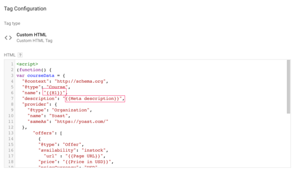 google tag manager structured data meta description