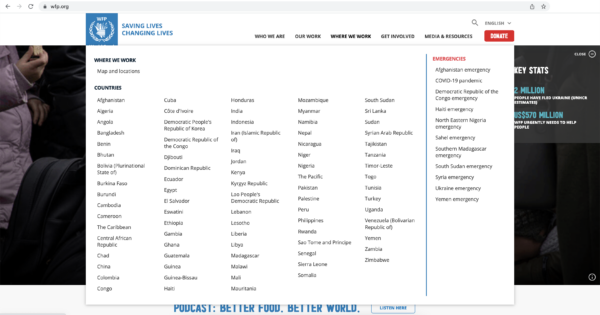 An image showing a very full mega menu on the World Food Program website
