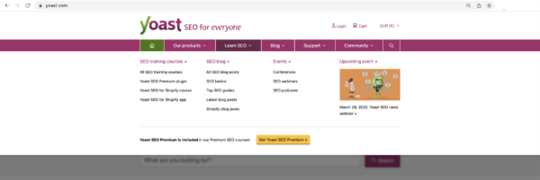 An image of the mega menu on yoast.com