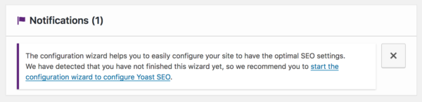 Notification de l'assistant de configuration dans le tableau de bord Yoast SEO 