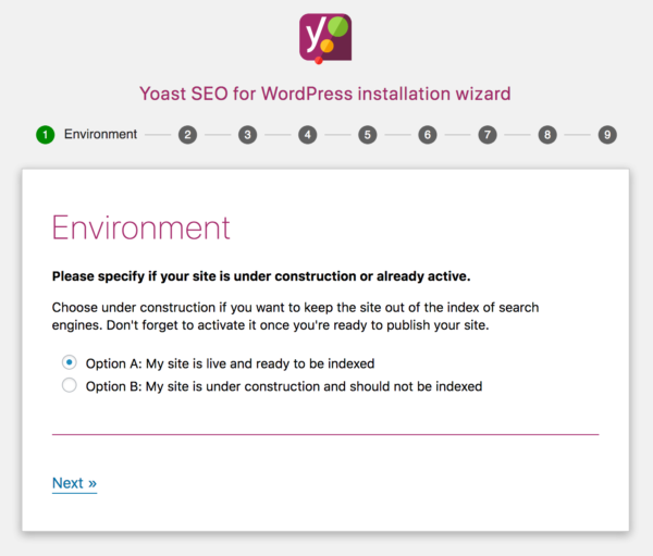 Assistant de configuration Yoast SEO étape 1 