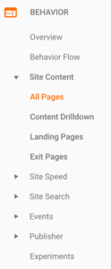 Behavior tab in Google Analytics