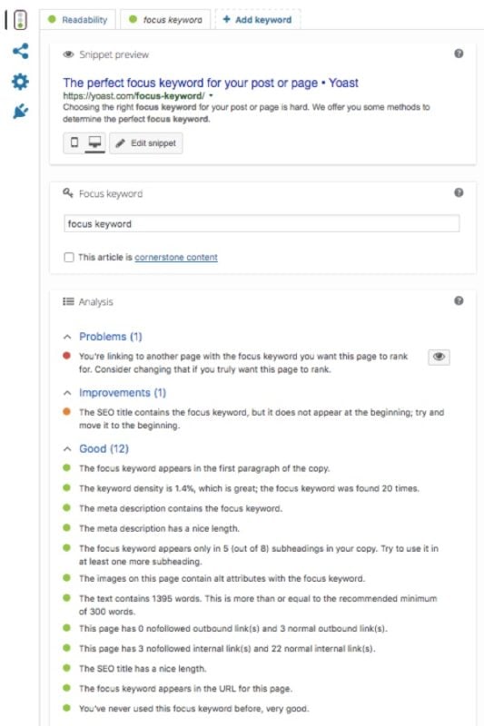 yoast seo focus keyword content analysis