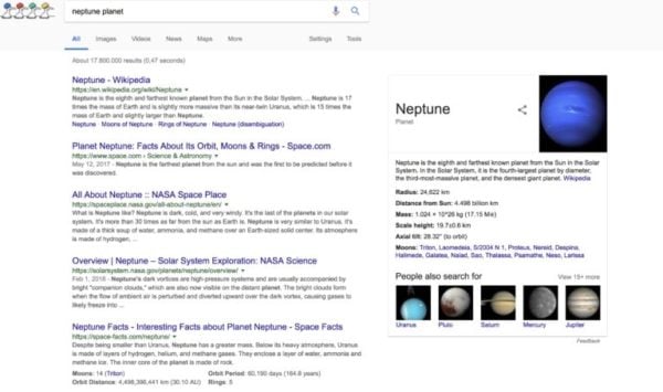 Les résultats de recherche de Google pour le terme planète neptune