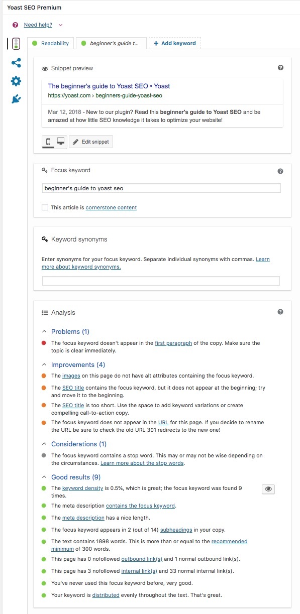 Yoast SEO analysis